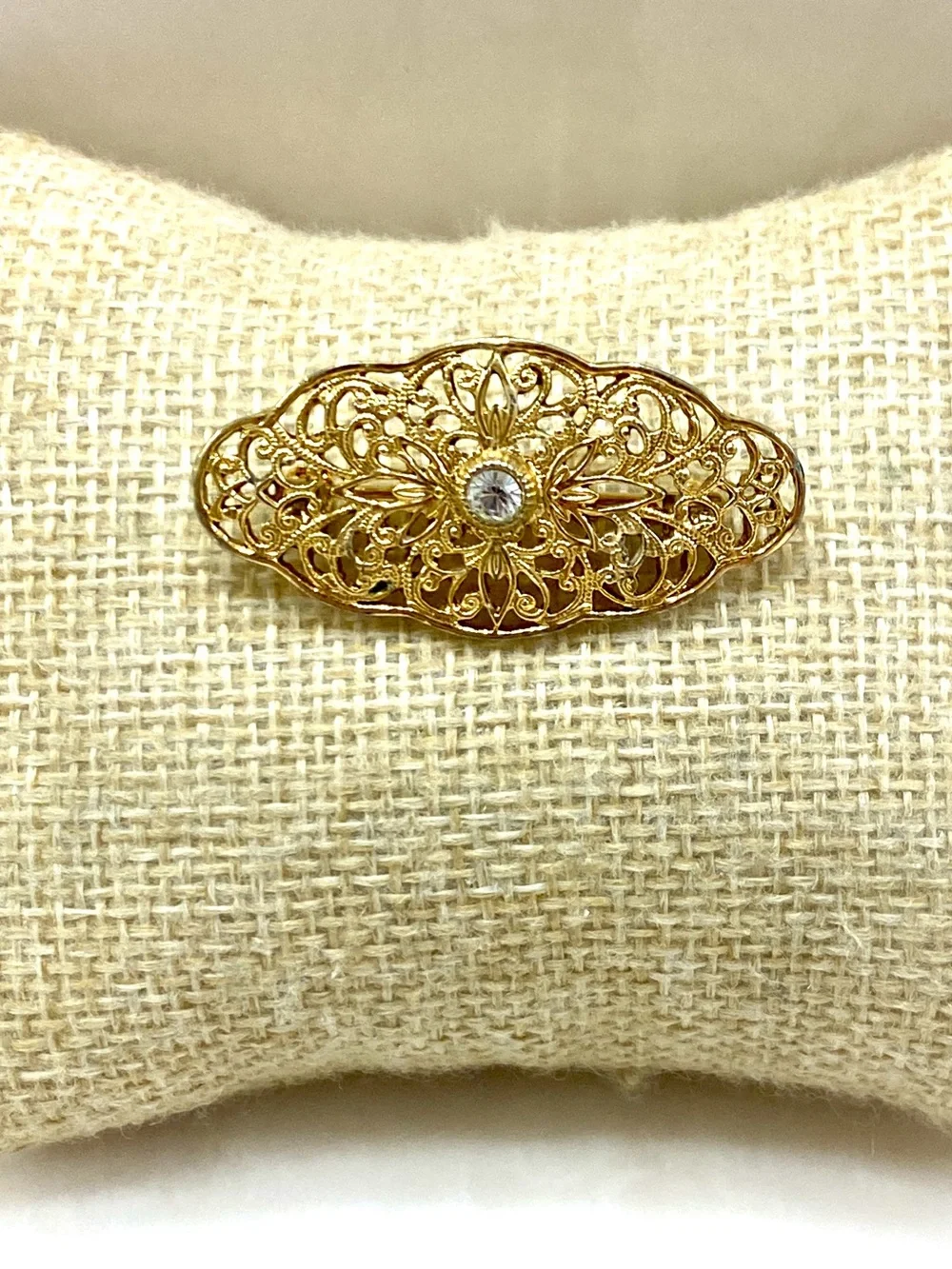Vintage Gold Filigree Floral Brooch with Clear Crystal Accent